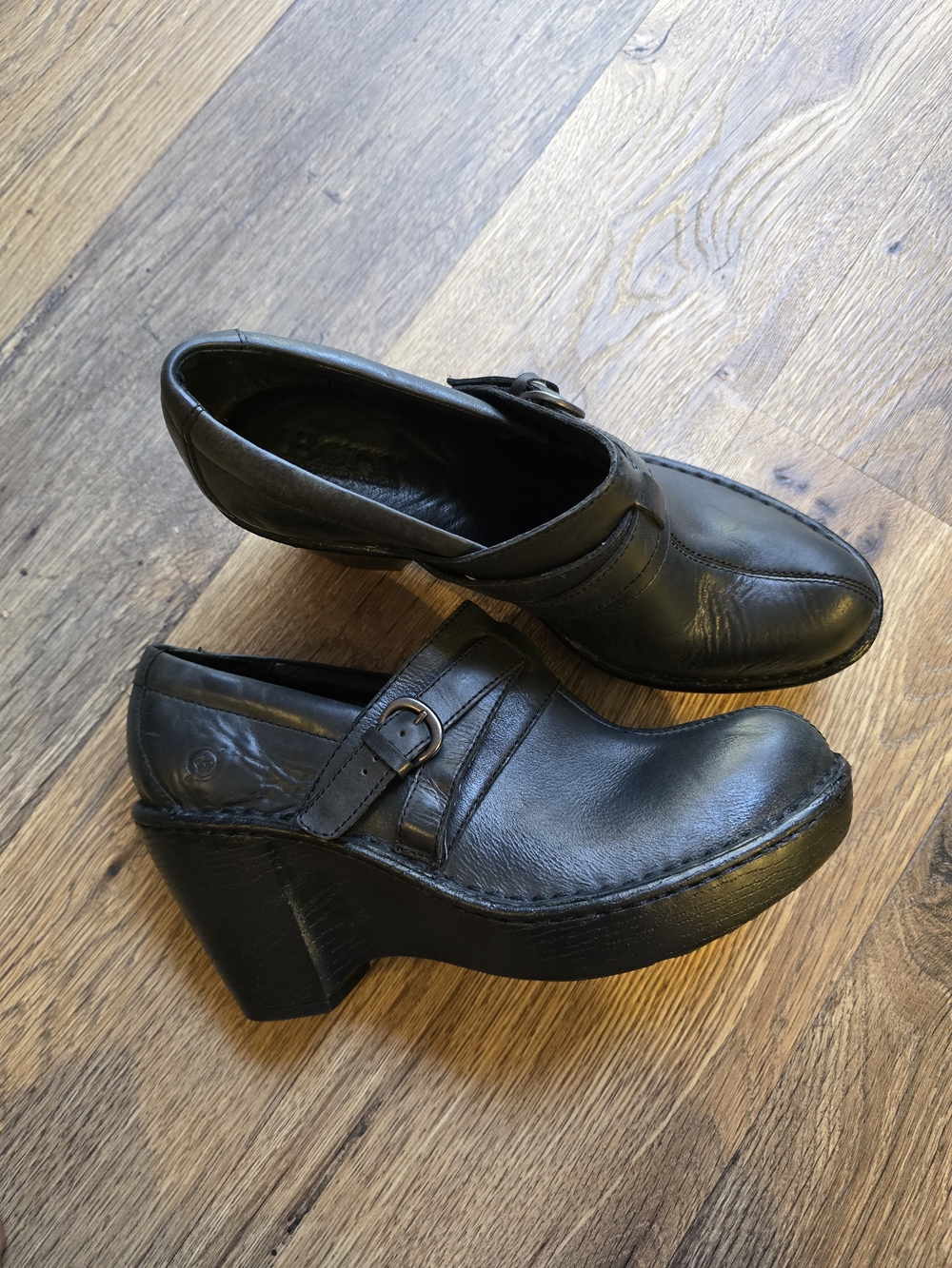 Born Dollie Black Leather Platform Clog Heels